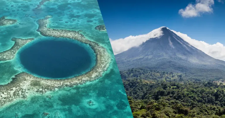 belize vs costa rica blue hole vs volcano graphic