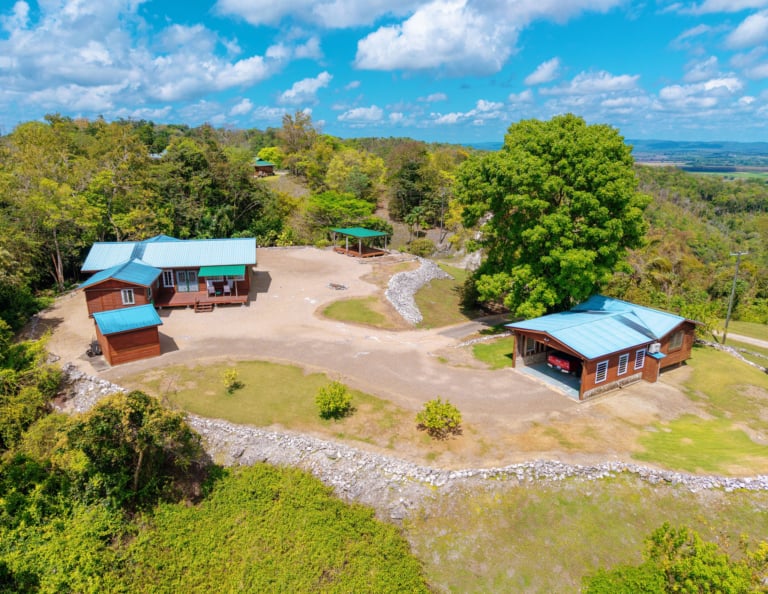 Scenic view of rustic cabins.