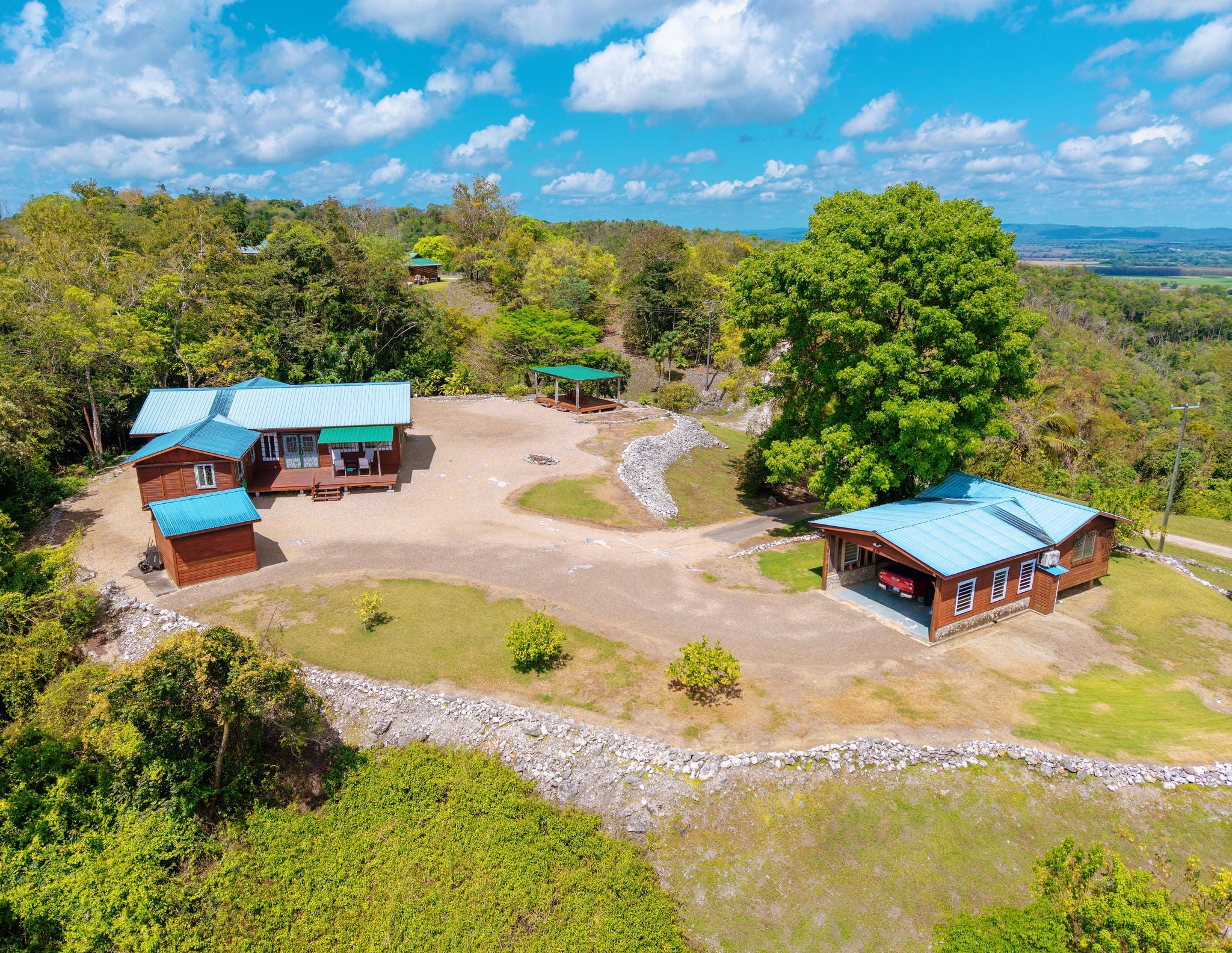 Scenic view of rustic cabins.